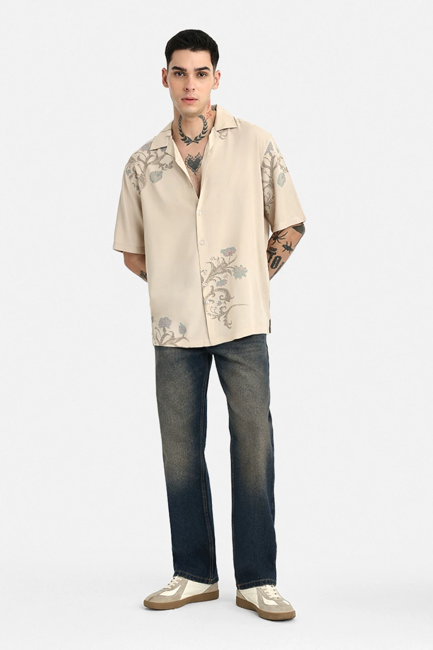 Men Boxy Fit Floral Print Lapel Collar Casual Shirt