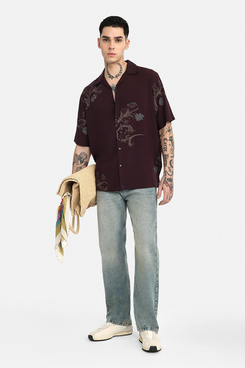 Men Boxy Fit Floral Print Lapel Collar Casual Shirt - Image 2
